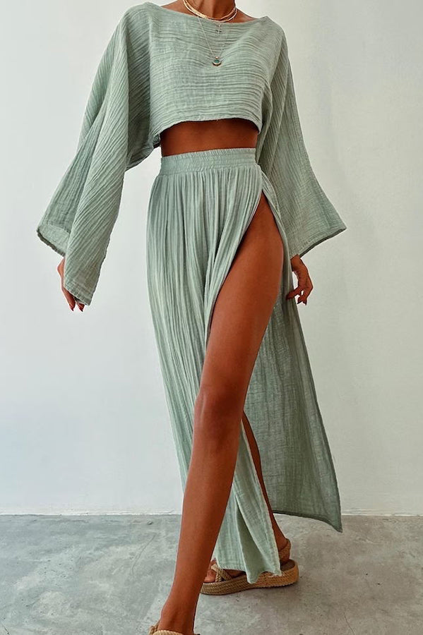 Boho Beach Linen Blend Wide Sleeve Blouse and Elastic Waist Double Slit Skirt Set