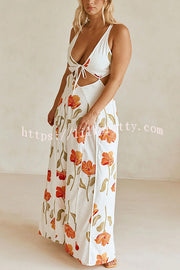 Eliska Linen Blend Poppy Print Cutout Contrast Trim A-line Maxi Dress