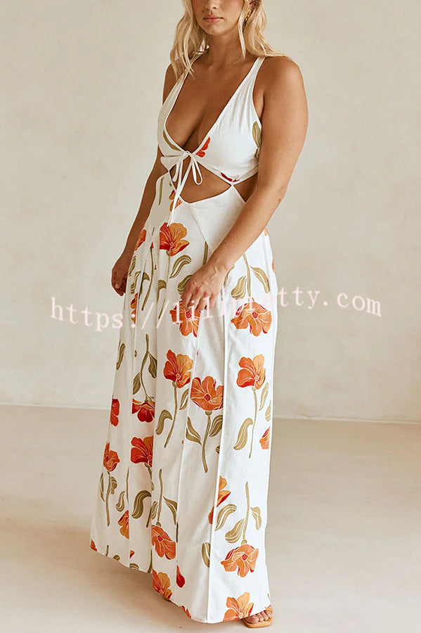 Eliska Linen Blend Poppy Print Cutout Contrast Trim A-line Maxi Dress