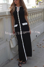 Elegant Slim Fit Crew Neck Buttoned Sleeveless Knit Midi Dress