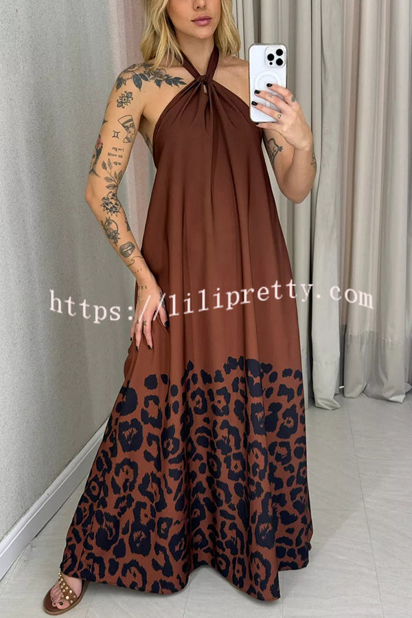 Leopard Print Sexy Halter Neck Backless Loose Maxi Dress
