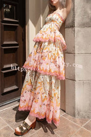 Charming Smile Floral Print Scalloped Lace-trim Back Tie-up Tiered Maxi Dress