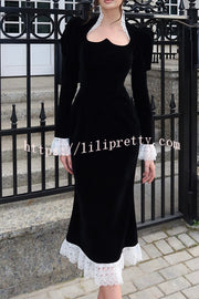 Baroque Style Velvet Lace Trim Sweetheart Neck Long Sleeve Flare Midi Dress