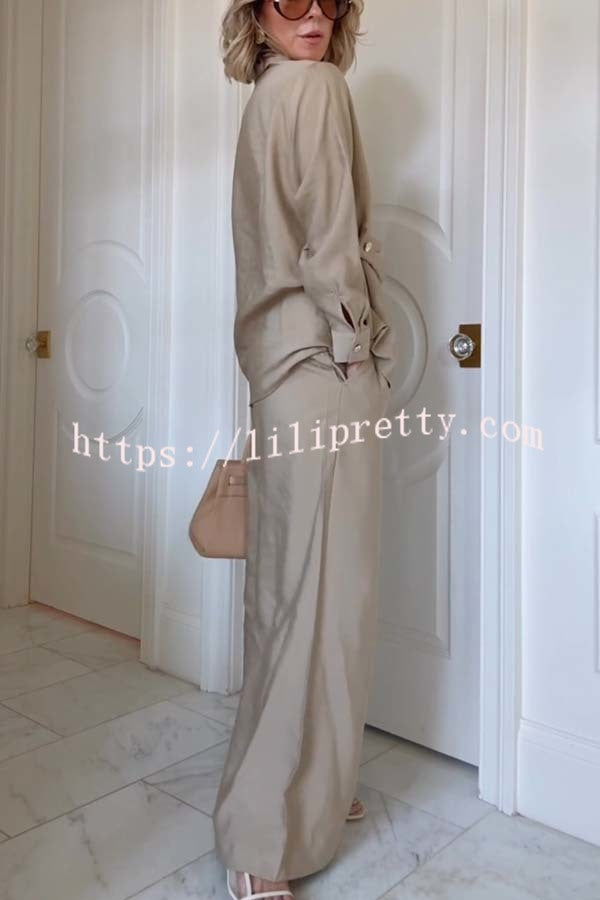 Juliette Cross-front Button Up Long Sleeve Shirt and Elastic Waist Pocket Loose Pants Set
