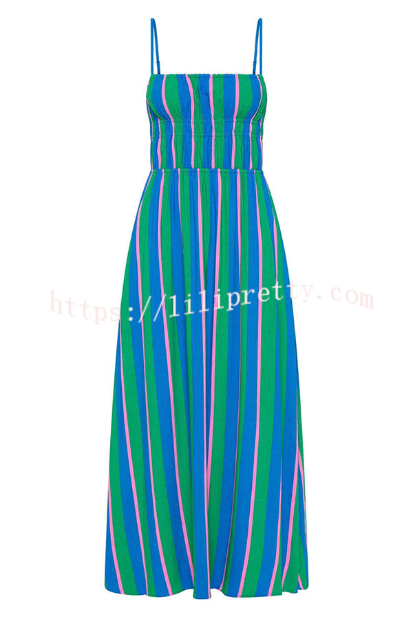 Gigi Linen Blend Stripe Elastic Bodice Pocket Loose Midi Dress