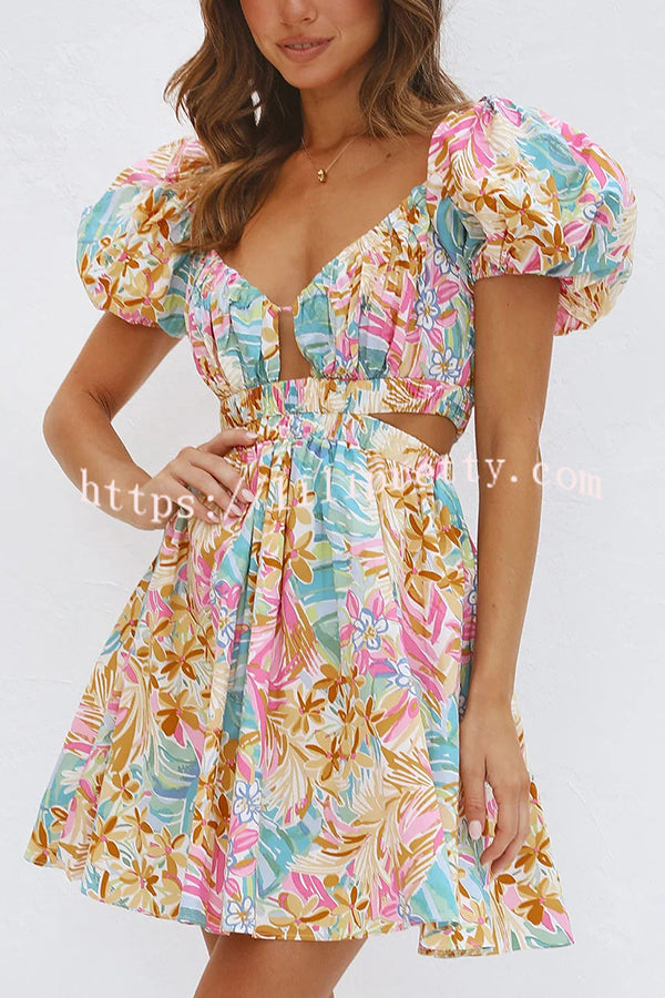 How Sweet Floral Puff Sleeve Cutout Elastic Waist Mini Dress