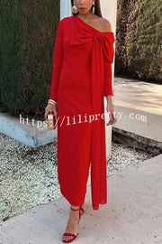 Vanessa Solid Color Long Sleeve Slim Fit Oversized Bow Tie Maxi Dress