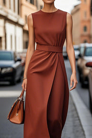 Solid Color Sleeveless Round Neck Casual Midi Dress