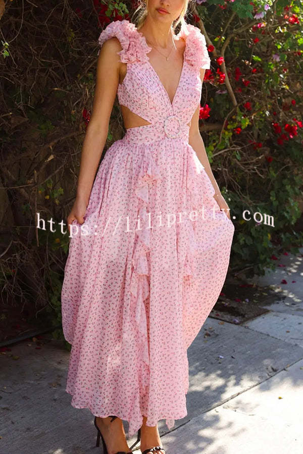 Wedding Dreams Chiffon Printed Flutter Sleeve Cutout Back Lace-up Maxi Dress