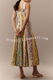 Sweet Garden Linen Blend Color Block Floral Paneled Maxi Dress