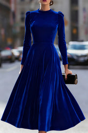 Solid Color Velvet Round Neck Long Sleeve Elegant Maxi Dress