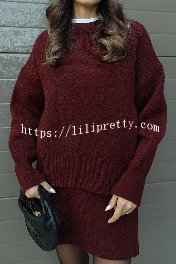 Solid Color Casual Preppy Knit Top and Knit Stretch Mini Skirt Set