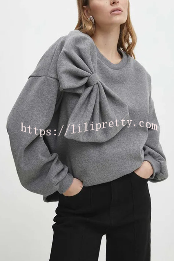 Solid Color Round Neck Long Sleeve Bow Loose Sweatshirts