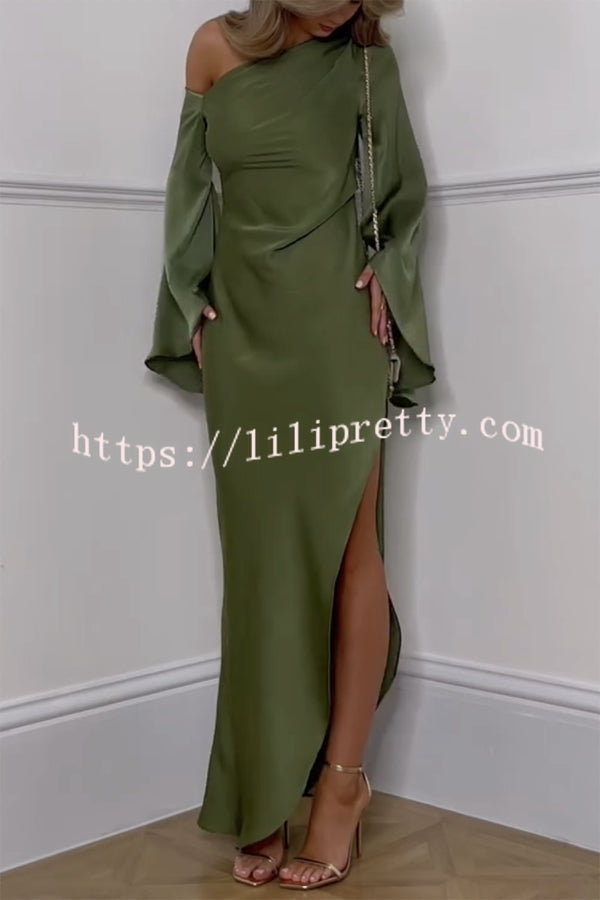 Zayla Satin Asymmetrical One Shoulder Bell Sleeve Slit Maxi Dress