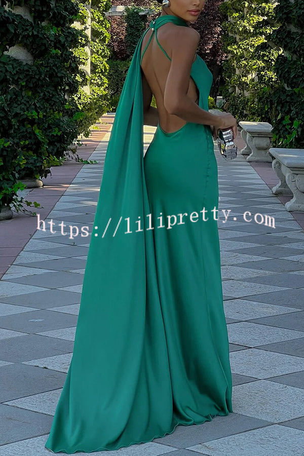 Crush on You Satin One Shoulder Backless Cape Maxi Dress