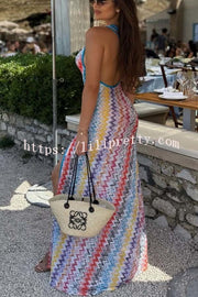 Ivanie Knit Colorful Zigzag Pattern One Shoulder Cutout Slit Maxi Dress