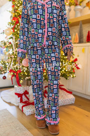 Postcards To Santa Unique Print Ruffles Trim Pocket Shirt and Elastic Waist Pajama Set