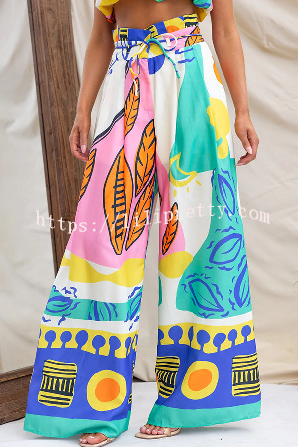 Maison Linen Blend Unique Print High Neck Top and Elastic Tie-up Waist Pocket Wide Leg Pants Set