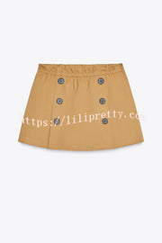 Chic Comfort Mid Rise Elastic Waist Contrast Buttons Pocket Mini Skort