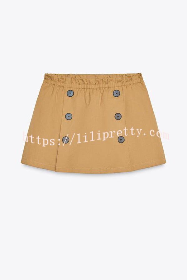 Chic Comfort Mid Rise Elastic Waist Contrast Buttons Pocket Mini Skort