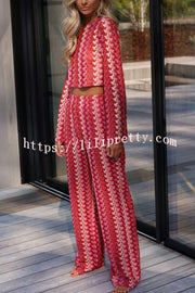 Tamia Knit Colorful Wave Unique Print Crop Top and Stretch Wide Leg Pants Set