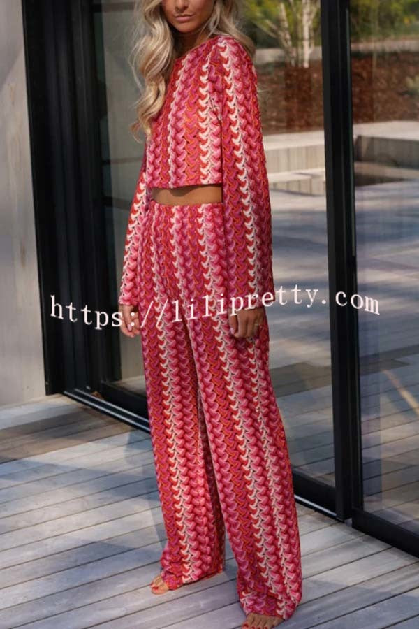 Tamia Knit Colorful Wave Unique Print Crop Top and Stretch Wide Leg Pants Set