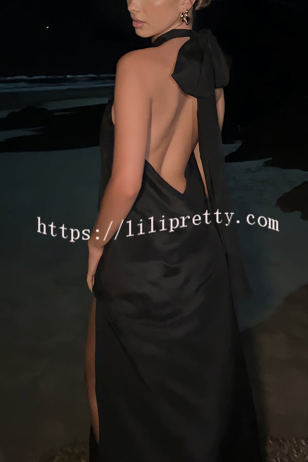 Floral Embellished Satin Halterneck Backless Resort Maxi Dress