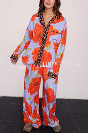 Color-block Poppy Leopard Print Trim Loose Shirt and Elastic Waist Pocketed Pajama Set