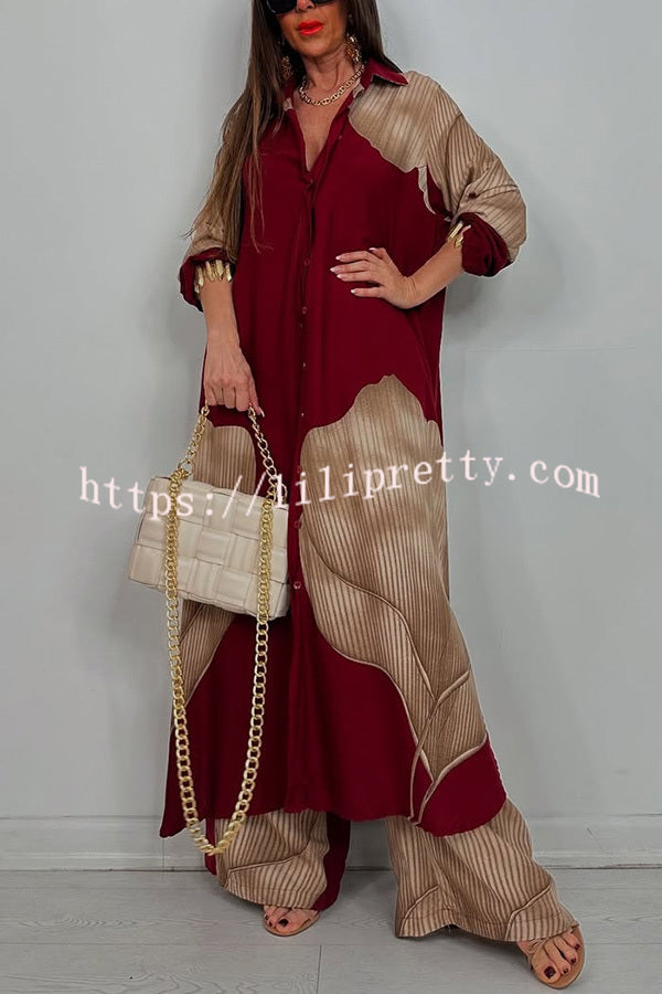Unique Printed Casual Loose Long Shirt and Elastic Waist Pocket Wide Leg Pants Set