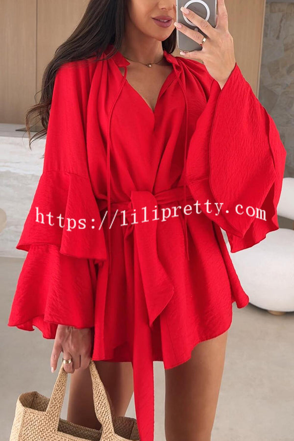 Solid Color V-neck Ruffled Long Sleeve Waist Tie Mini Dress