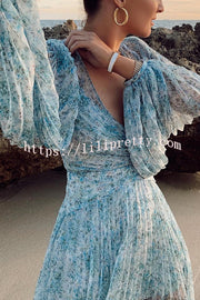 Dreamy Seaside Floral Balloon Sleeve Pleated Lightweight Maxi Dress