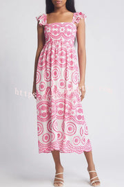 Lilipretty® Darling & Dainty Embroidery Style Unique Print Smocked Midi Dress