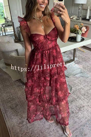 Romantic and Elegant Mesh Floral Back Smocked Tiered Ruffle Maxi Dress