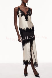 Party Focus Contrast Color Satin Lace Trim Elastic Waist Front Slit Maxi Skirt