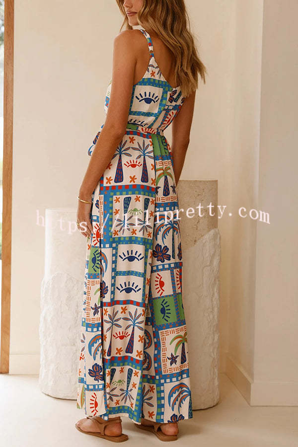 Unique Beach Vacation Print V-neck Suspenders Casual Wide-leg Jumpsuit