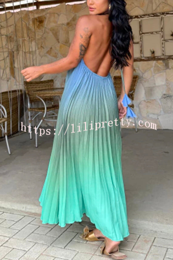 Sea goddess Gradient Print Pleated Halter Backless A-line Maxi Dress