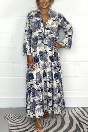 Botanical Print Casual V-neck Trumpet Sleeve Maxi Dress