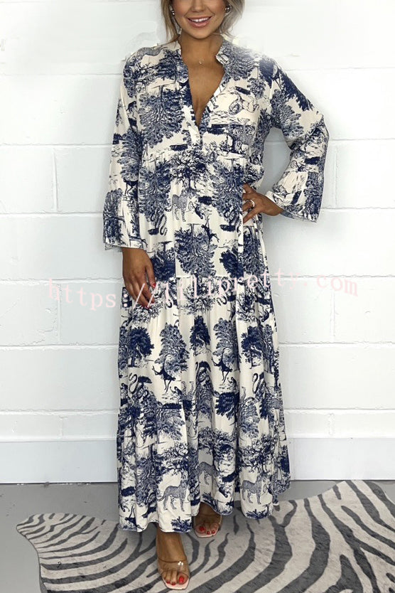 Botanical Print Casual V-neck Trumpet Sleeve Maxi Dress