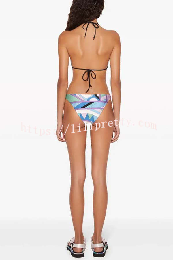 Lorian Unique Print Chain Halter Neck Cutout Waist Stretch One-piece Swimsuit