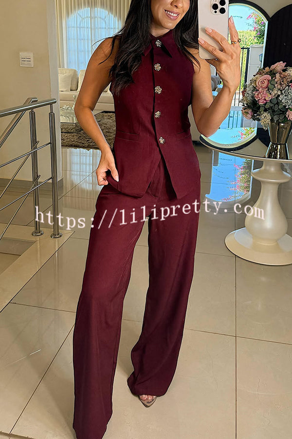 Fashion Lapel Sleeveless Button Vest and Casual Straight-leg Suit Pants Set