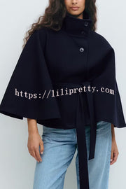 Fashionable Stand Collar Button Waist Tie Loose Cape