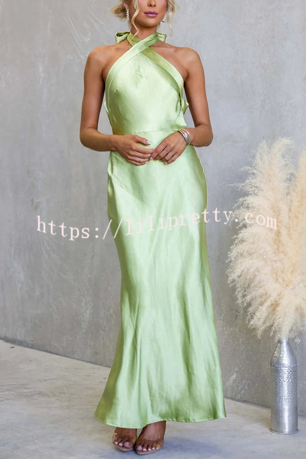 Satin Fashion Halter Backless Slim Elegant Maxi Dress