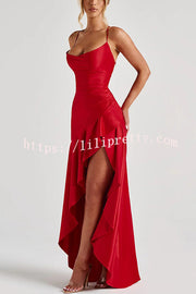 Solid Color Sexy Backless Lace-up Irregular Ruffled Maxi Dress