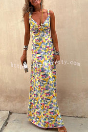 Flora Watercolor Print Crossover Neck Wide Straps Stretch Maxi Dress