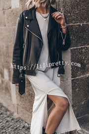 Lilipretty Rebellious Look Biker Style Faux Leather Metal Hardware Zip Pockets Relaxed Jacket
