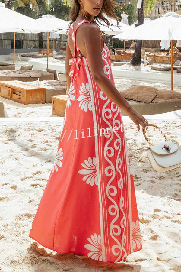 Unique Print Square Neck Open Back Tie Bow Holiday Maxi Dress