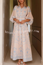 Linen Blend Lapel Puff Sleeve Casual Waist Belted Maxi Dress