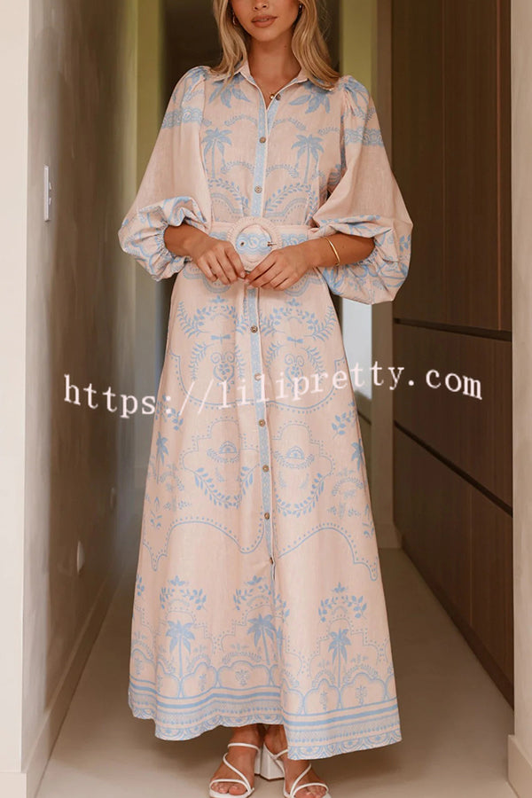 Linen Blend Lapel Puff Sleeve Casual Waist Belted Maxi Dress