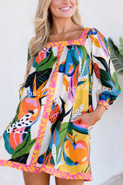 Lilipretty Shining Beauty Linen Blend Tropical Abstract Print Pocketed Mini Dress