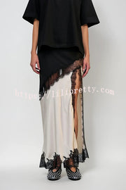 Party Focus Contrast Color Satin Lace Trim Elastic Waist Front Slit Maxi Skirt